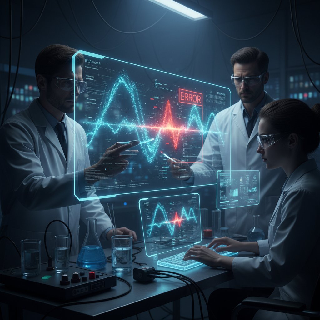 Group of stressed researchers surrounded by digital data displays, one error highlighted in red, lab environment