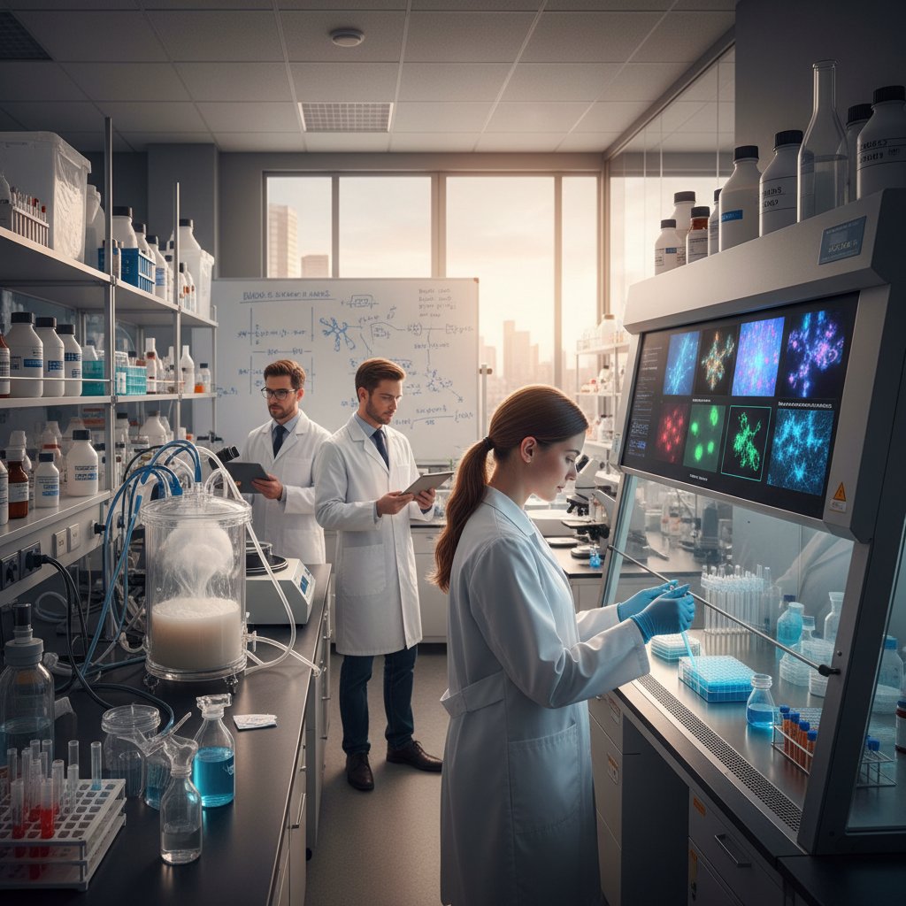 Grupa naukowców pracujących w laboratorium nad terapią biologiczną SLE