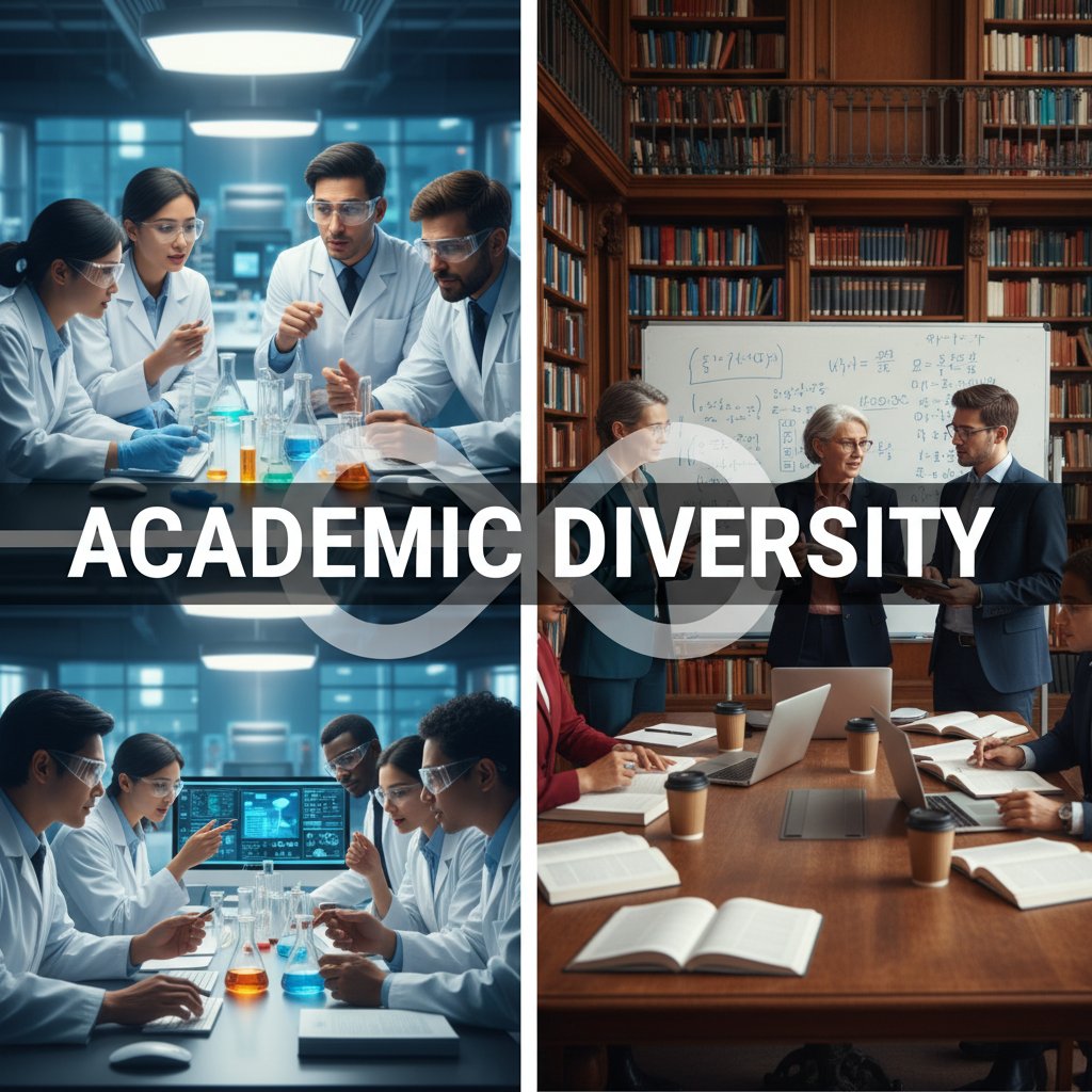 Contrasting photo of researchers from diverse backgrounds, split-screen style, hopeful yet realistic, highlighting diversity gap