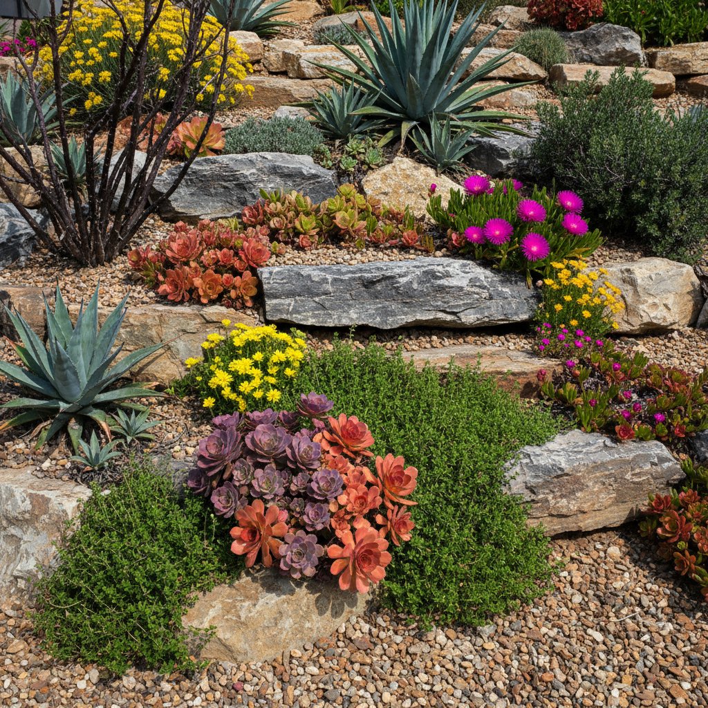Skalniak pełen odpornych roślin, dynamiczne zestawienie kolorów i tekstur