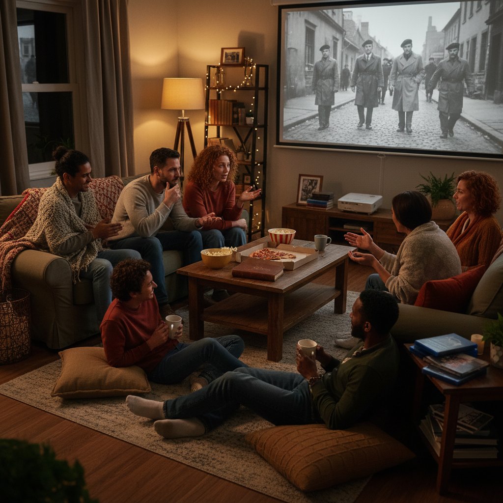 A lively photo of friends in a cozy living room, passionately discussing movies and activism