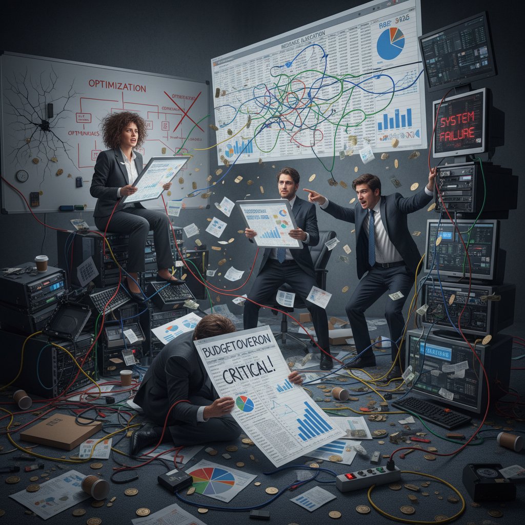 Stressed business team surrounded by folders and spreadsheets, symbolizing resource allocation chaos