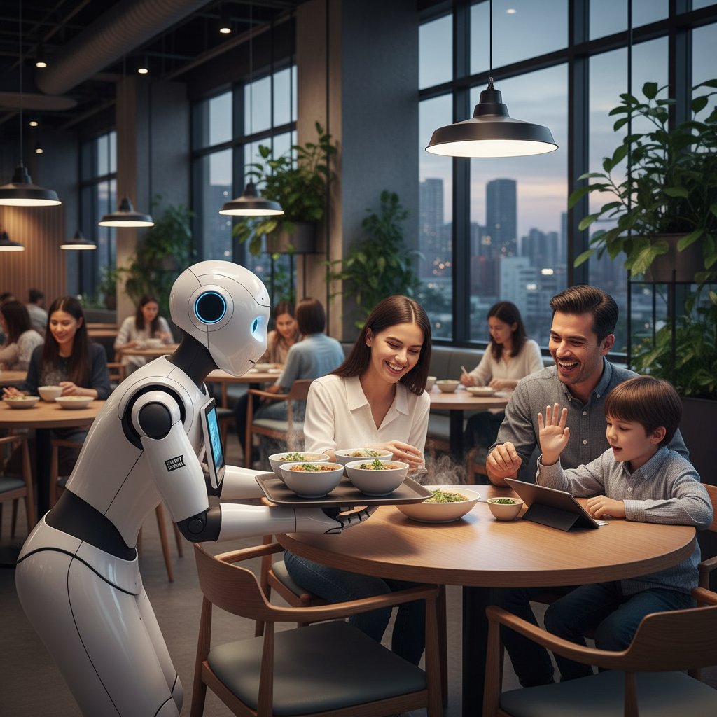 Nowoczesna sala restauracyjna z robotem podającym dania, goście w interakcji z AI