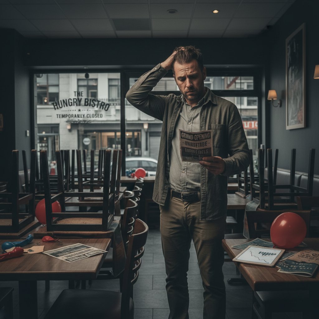 Zaniepokojony właściciel restauracji otoczony pustymi stolikami po nieudanej kampanii