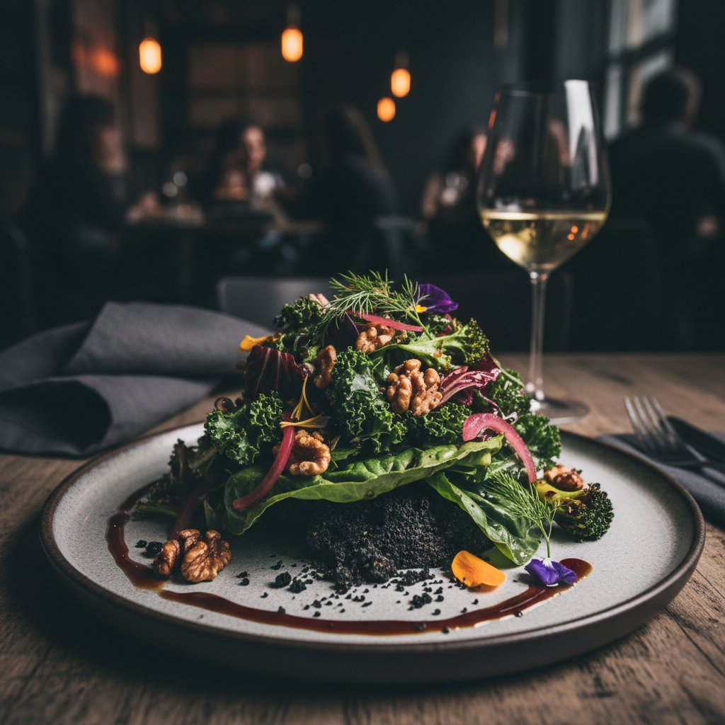 Talerz restauracyjny z ukrytymi okruchami pod sałatką, dramatyczne światło, zagrożenia dla osób z celiakią