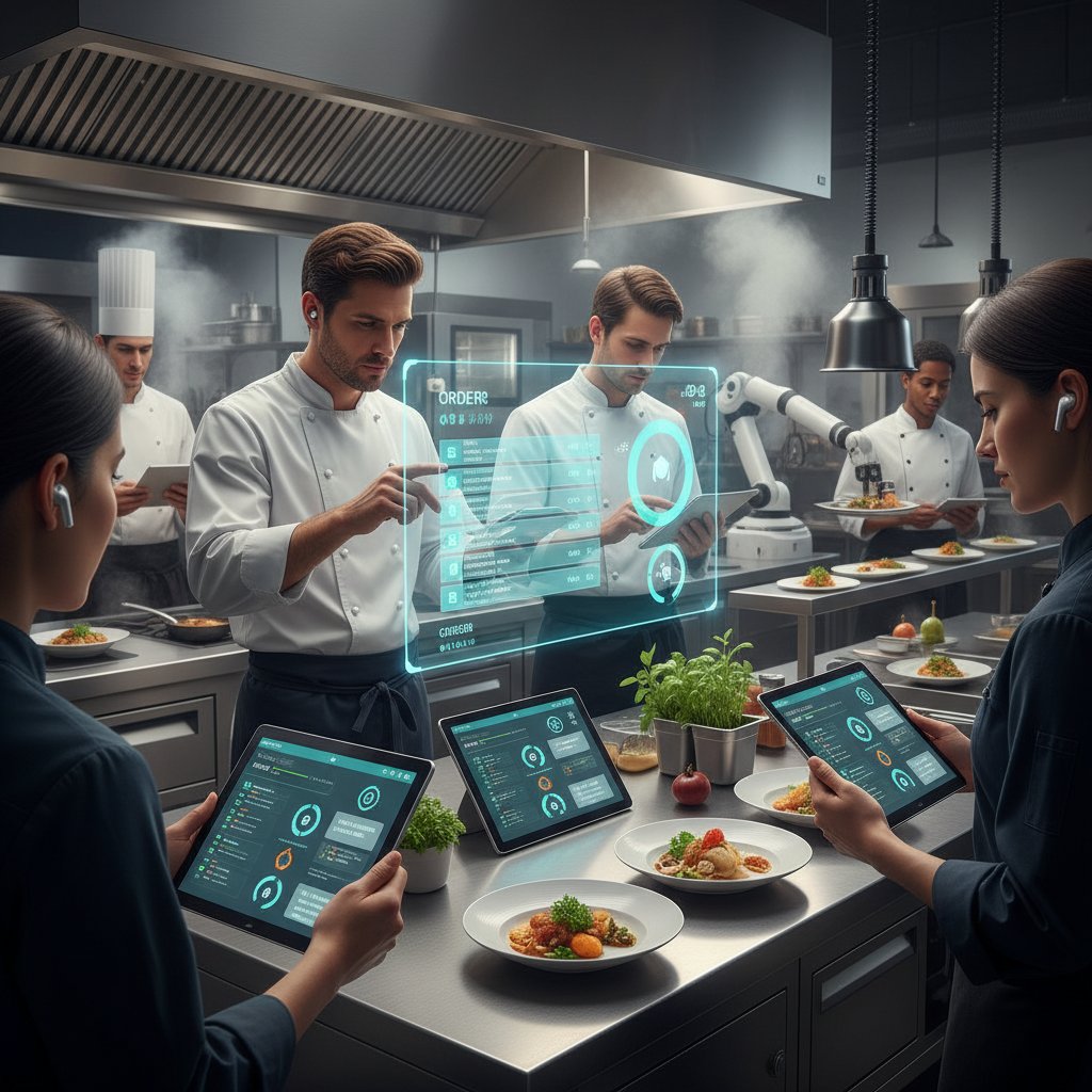 Zespół w restauracji korzystający z AI do obsługi zamówień, nowoczesny tablet, kuchnia