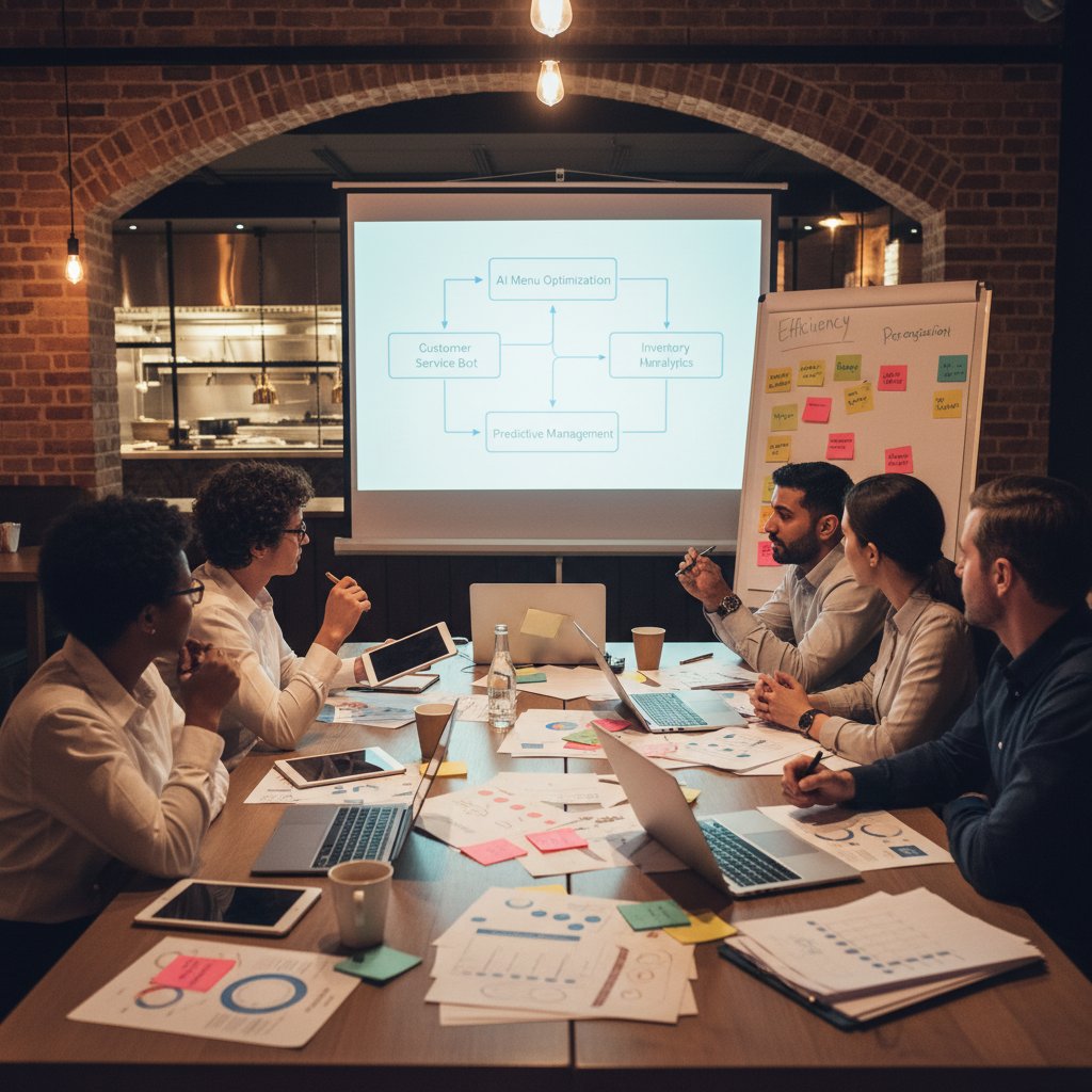 Zespół restauracyjny planujący wdrożenie AI przy dużym stole, dokumenty, laptopy, burza mózgów