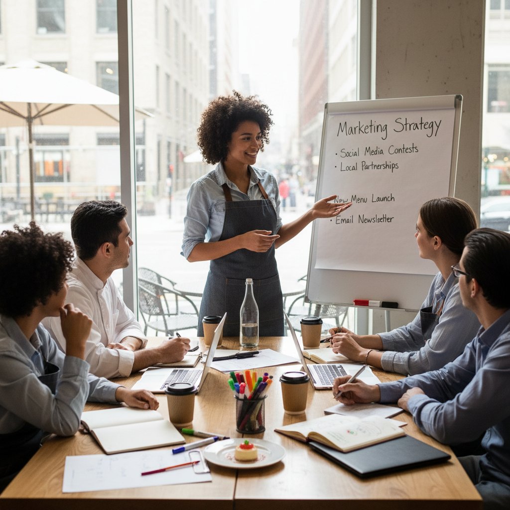 Zespół restauracyjny planujący kampanię marketingową przy stole pełnym notatek i laptopów