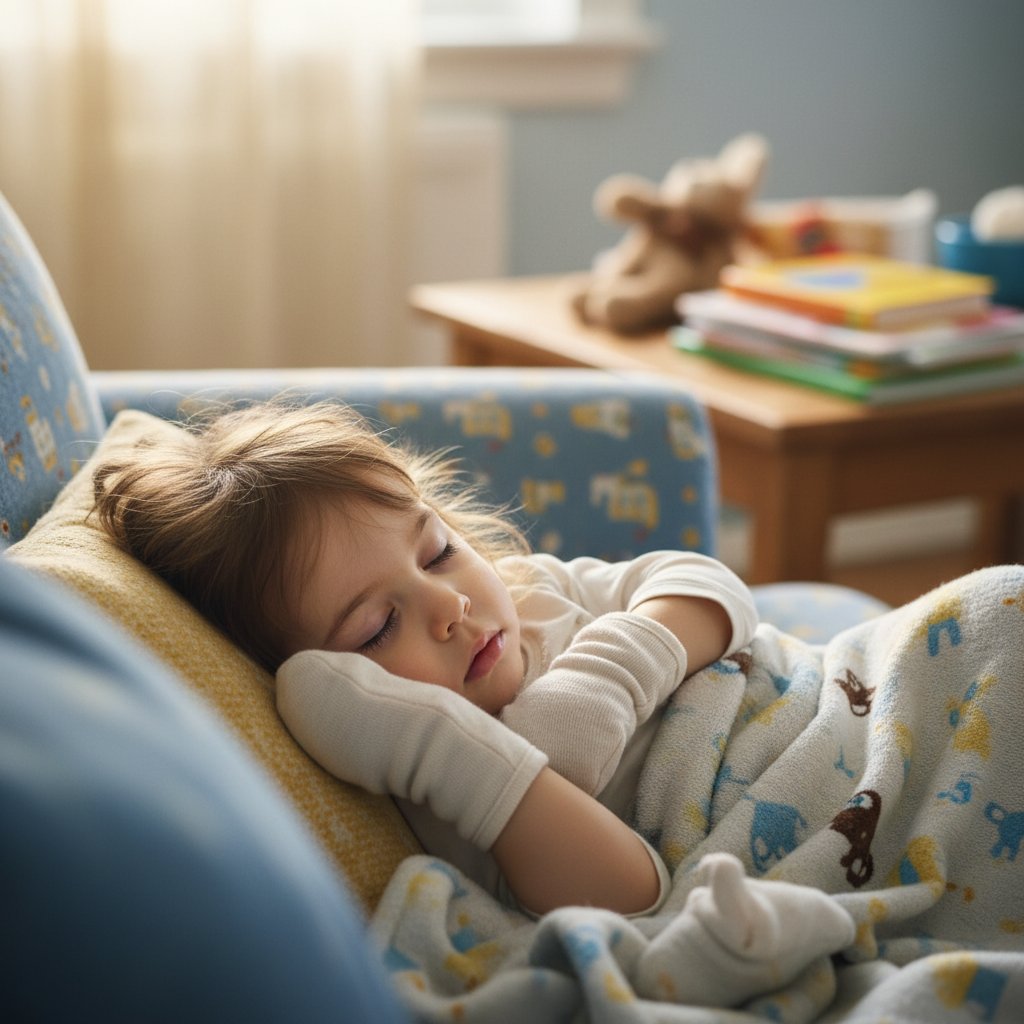 Dziecko odpoczywające z widocznymi objawami choroby bostońskiej