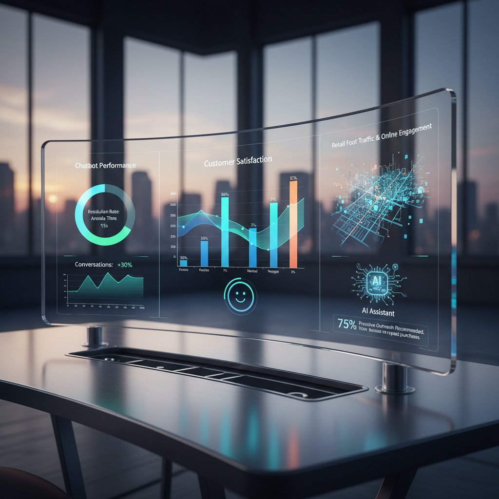 Retail analytics dashboard with chatbot performance graphs, illustrating data-driven retail customer satisfaction