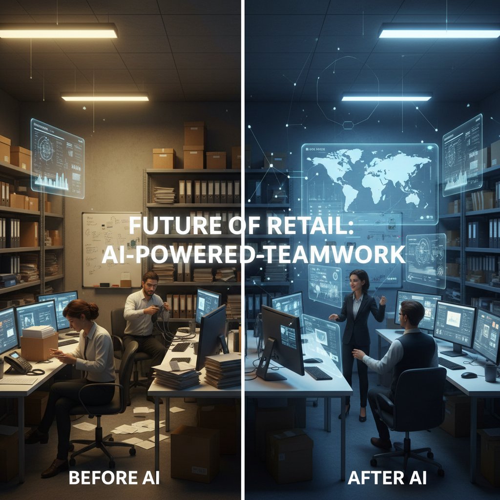 Photo of a retail back-office, before and after AI adoption: first, stressed team; second, collaborative vibe with digital overlays, symbolizing the transformation from looking for IT assistant to embracing AI