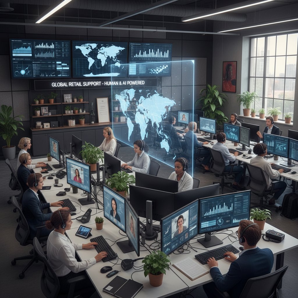 Retail call center with human agents and digital displays, illustrating hybrid service model success in retail