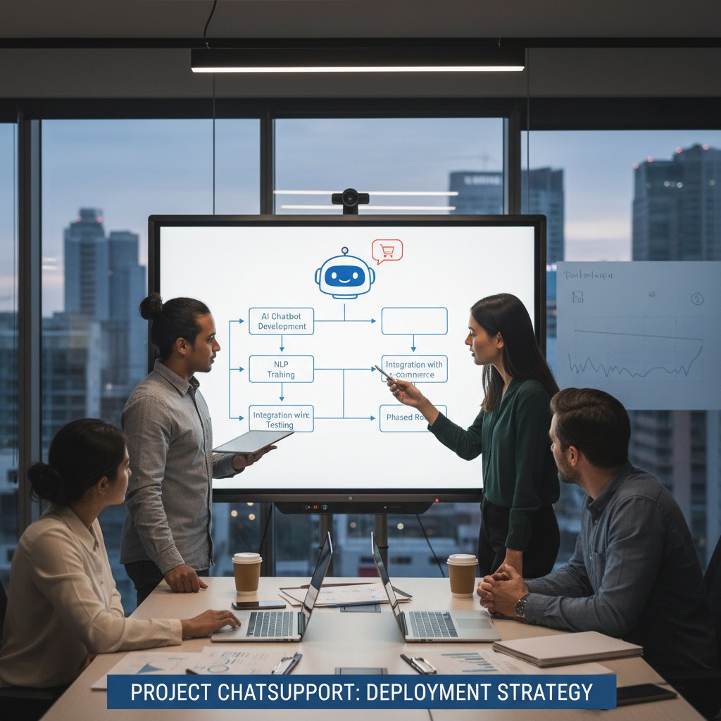 Photo of retail project team mapping chatbot deployment checklist on glass board, focused expressions, modern workspace