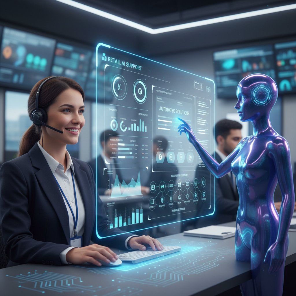 Retail support agent and AI assistant collaborating in a modern store setting, illustrating support automation success