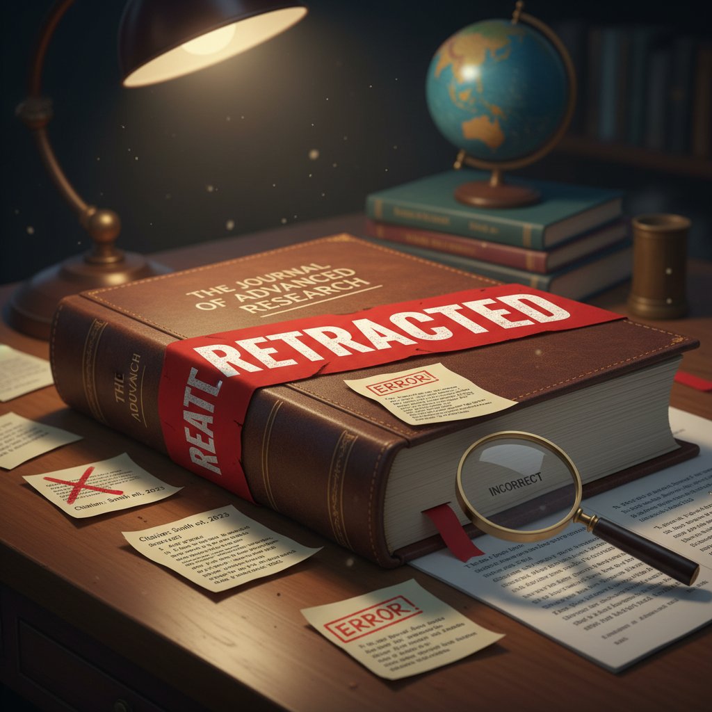 Academic journal with 'retracted' stamp, symbolizing the risks of inaccurate academic citations