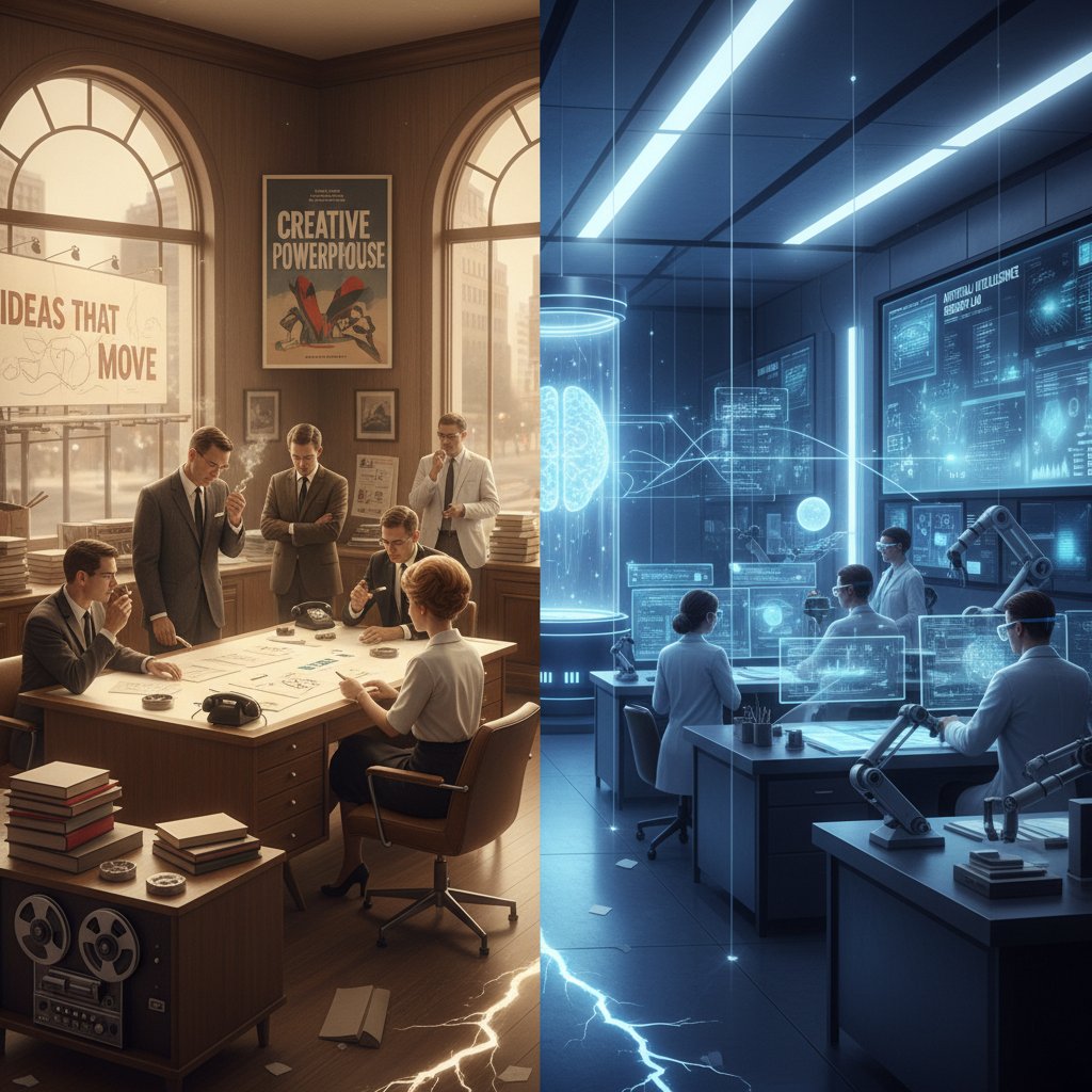 Porównanie klasycznego biura agencji reklamowej z nowoczesnym laboratorium AI, nawiązujące do rewolucji w tekstach reklamowych
