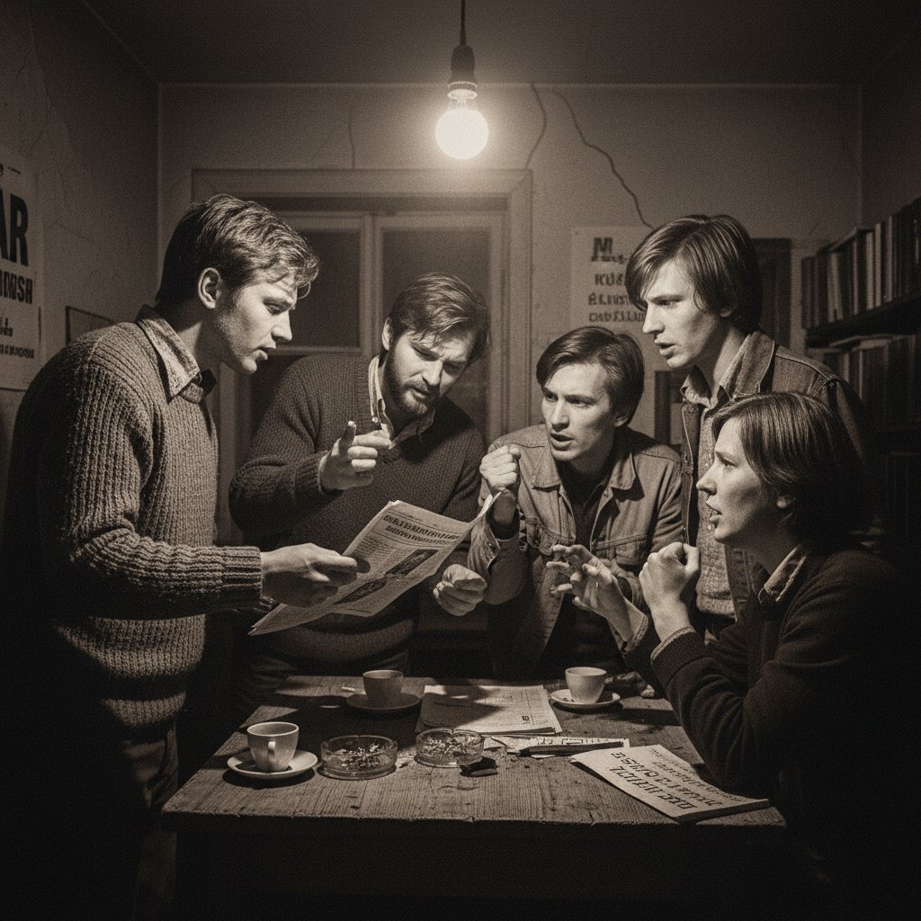 Historia NVC w kontrkulturze lat 70. – Czarnobiała fotografia grupy aktywistów w intensywnej dyskusji, styl retro