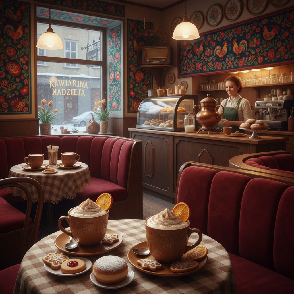 Kawiarnia w stylu retro z filiżanką gorącego kakao, PRL, polska tradycja