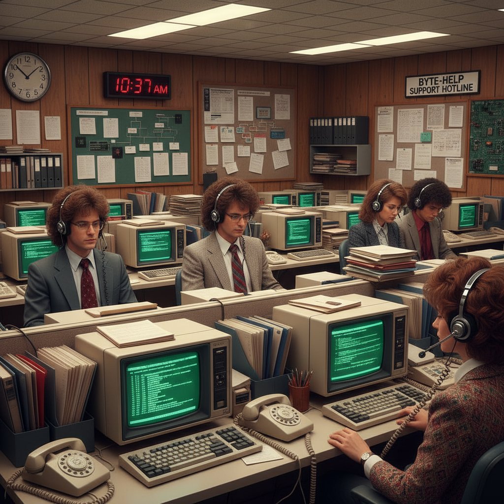 Early tech support call center, 1980s, with retro computers and paper tickets