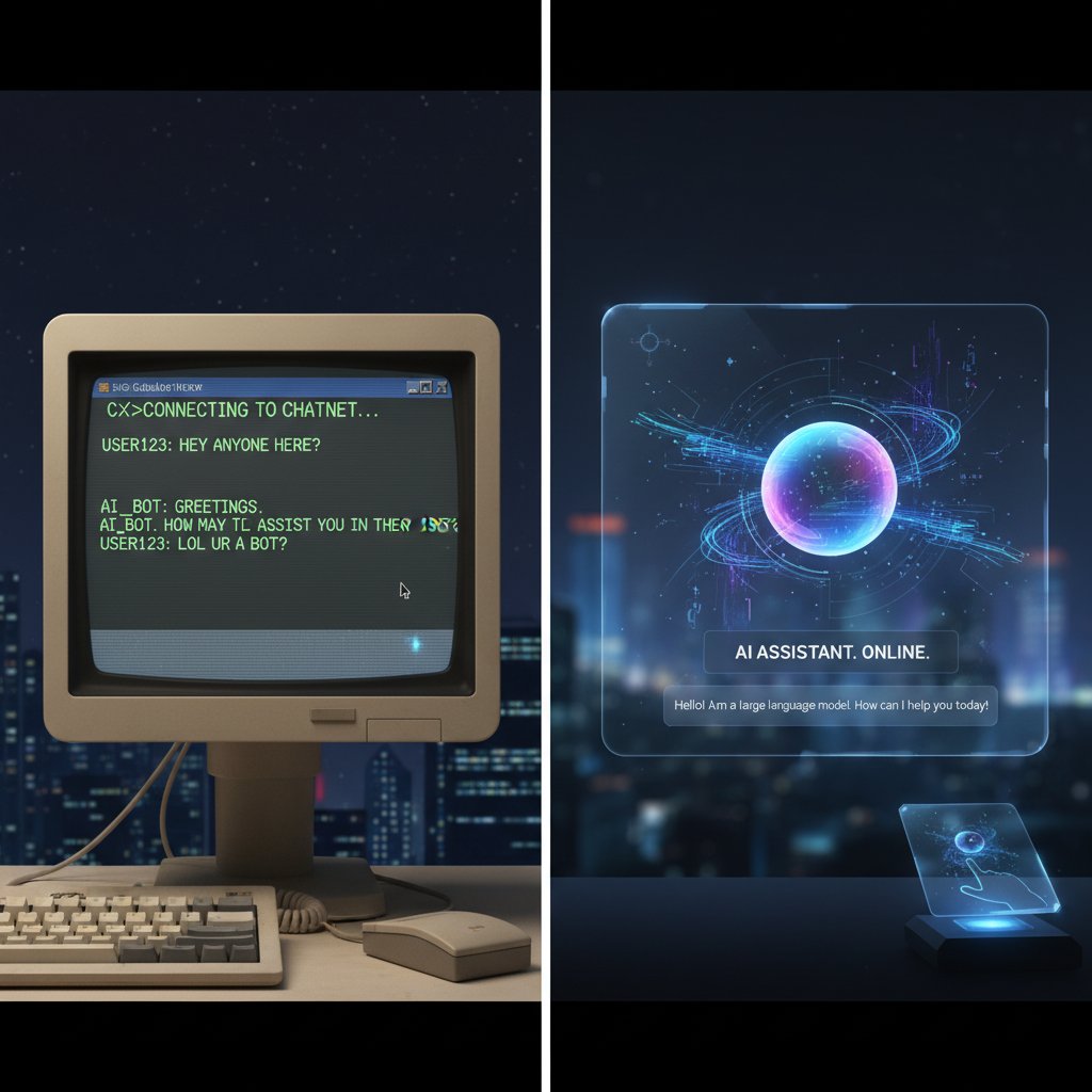 Podzielony ekran: po lewej retro czat IRC, po prawej nowoczesne okno AI - kontrast historii relaksu online