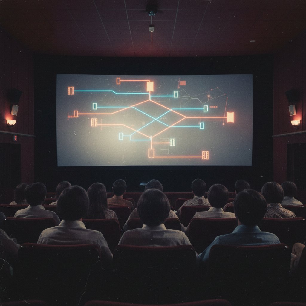 Vintage cinema audience experiencing early interactive movie experiment