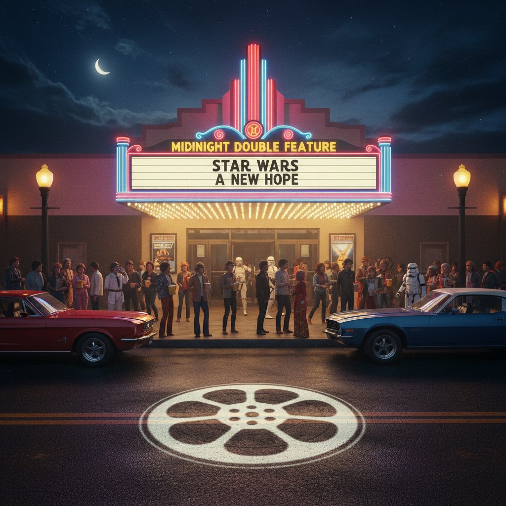 Diverse audience bonding during a midnight retro cinema event