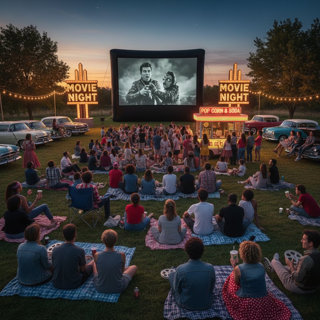 Enthusiastic retro cinema fans gathered at an outdoor film festival