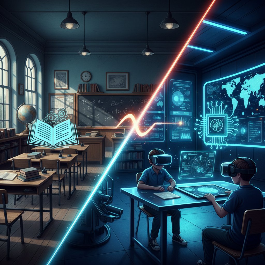 Vergleich zwischen traditionellem Klassenraum und moderner Online-Lernumgebung