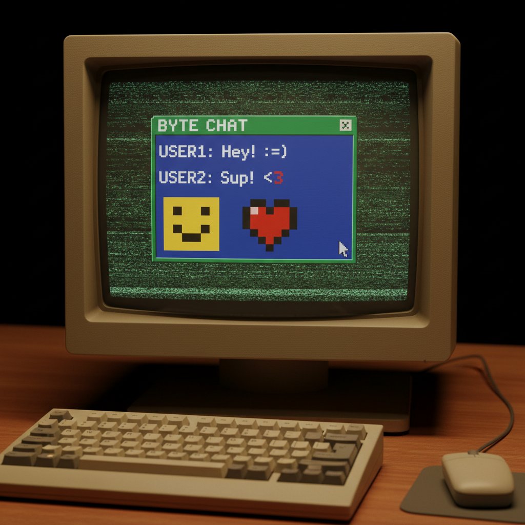 Stary komputer z oknem czatu i pikselowym emotikonem, początki rozmów śmiesznych online