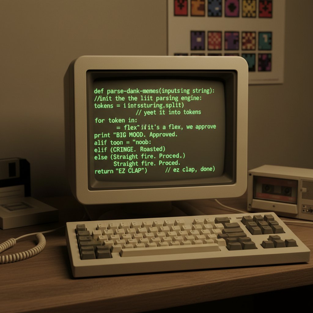 Retro computer with speech bubbles filled with code and slang, representing early computers processing language