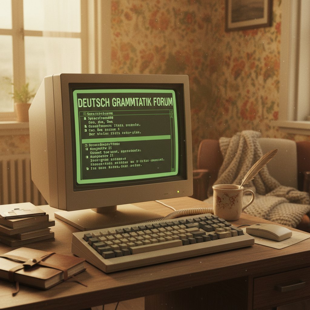 Retro-komputer z wyświetloną stroną forum gramatyki niemieckiej, ciepłe światło, klimat nostalgii