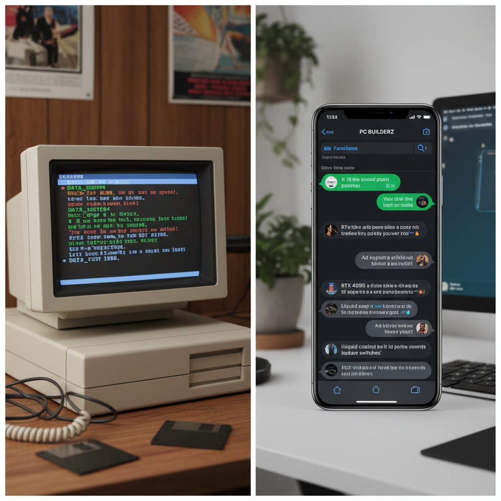 Porównanie dawnych i nowoczesnych platform rozmów o hobby: retro komputer obok nowoczesnego smartfona, oba ekrany pokazują czat o hobby