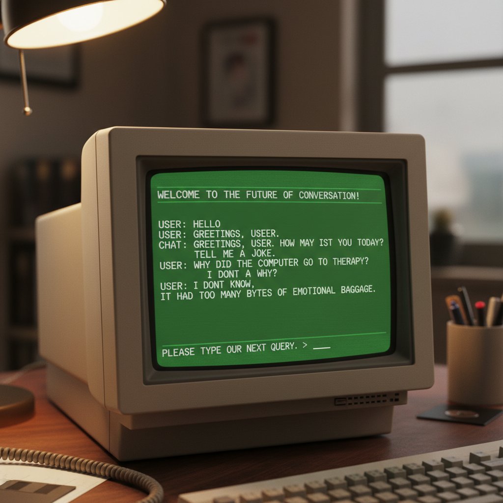 Stary komputer z czarno-białym ekranem i pierwszą rozmową z chatbotem