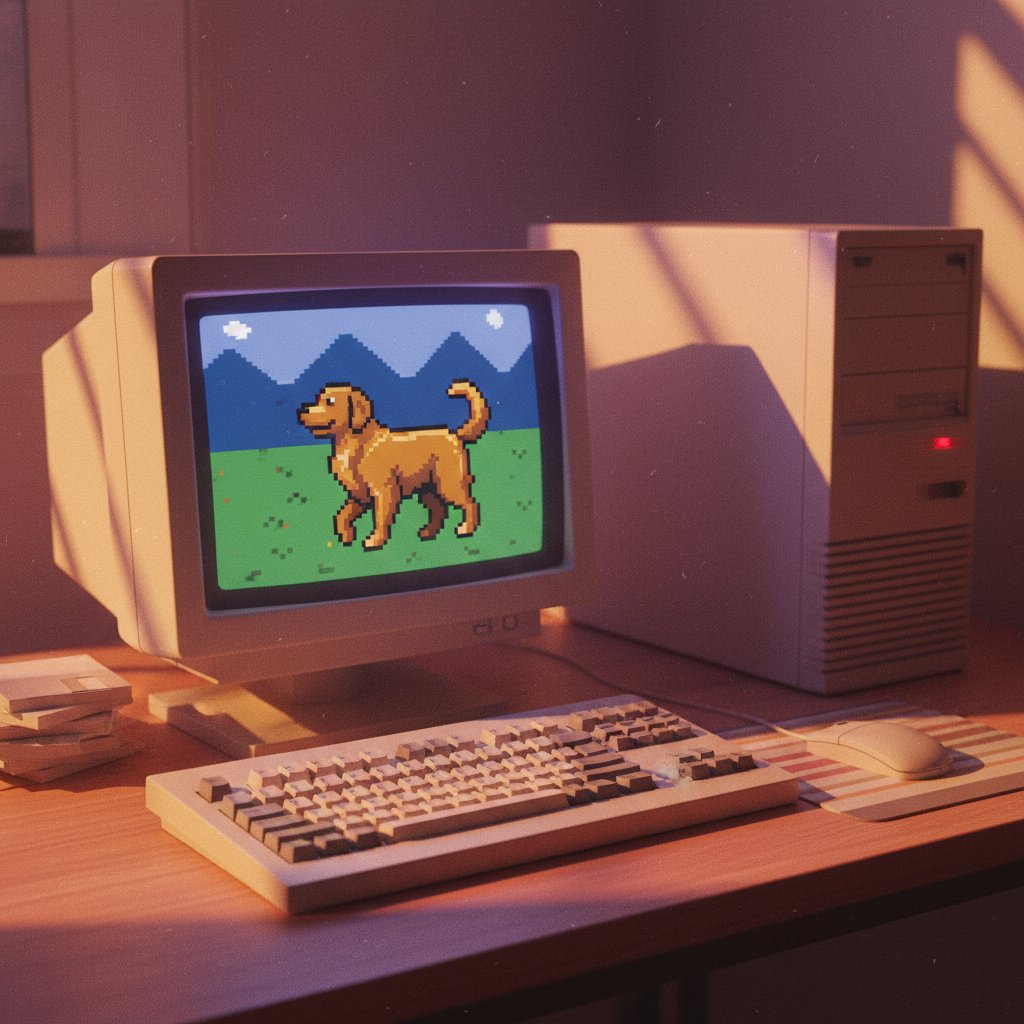Stary symulator psa na ekranie komputera z lat 90.