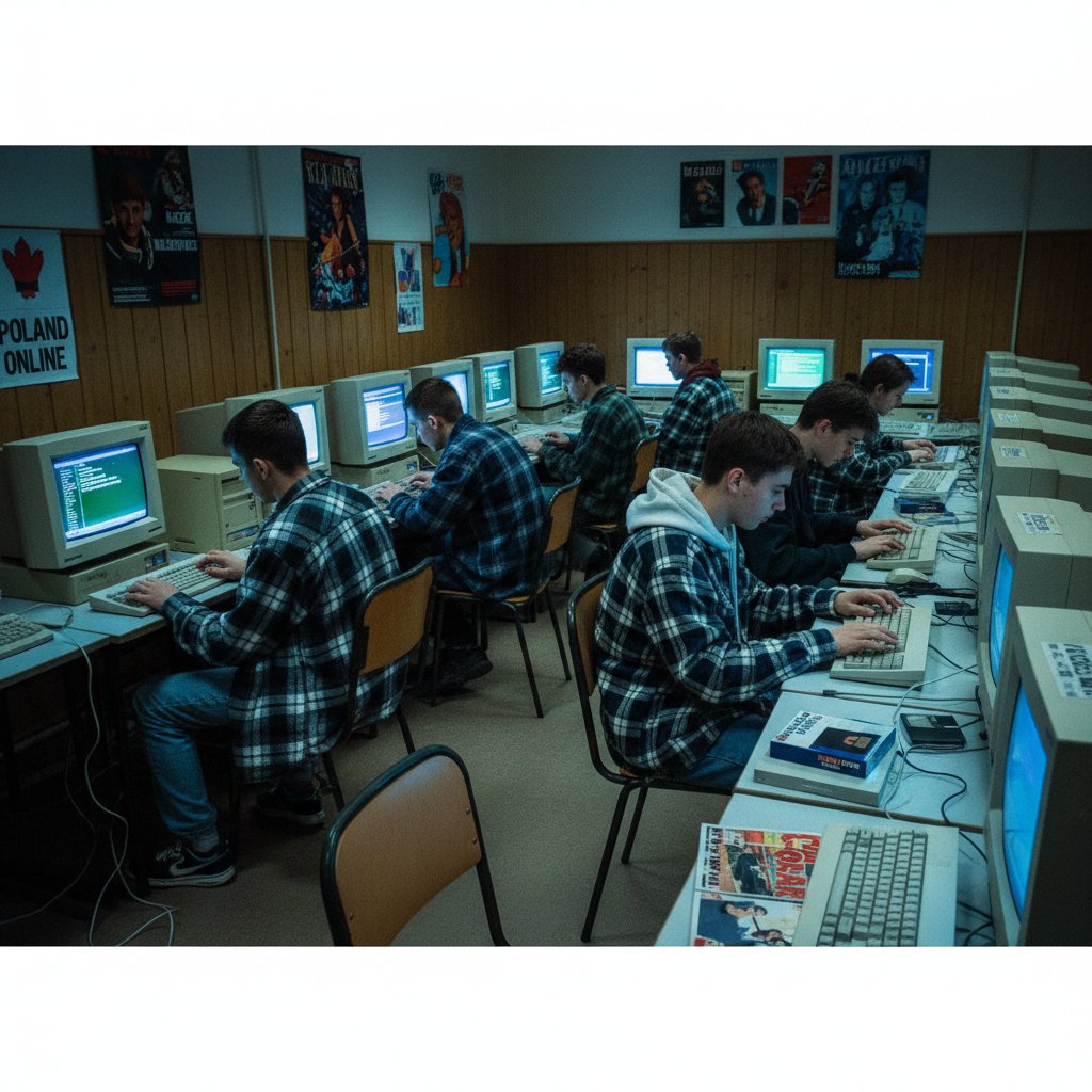 Polscy nastolatkowie przy starych komputerach tworzący historię czatów online