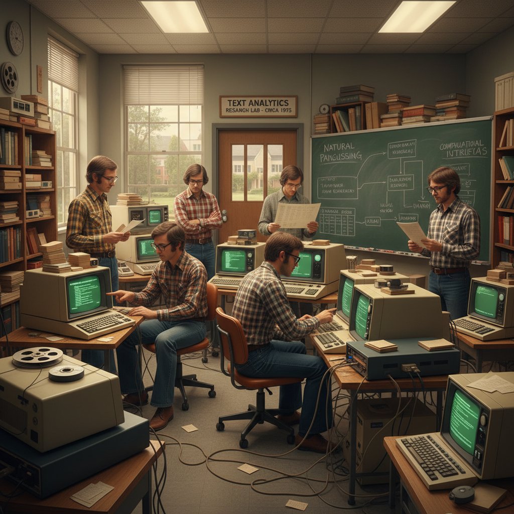 Retro computer programmers in an academic lab, symbolizing the roots of text analytics industry