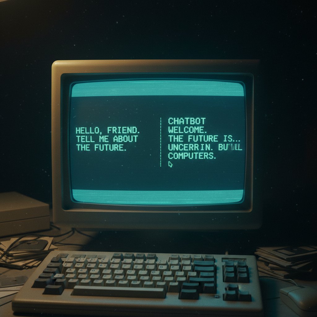 Pierwsze chatboty komputerowe w historii wirtualnych rozmów, retro z pikselowanym interfejsem w ciemnym otoczeniu