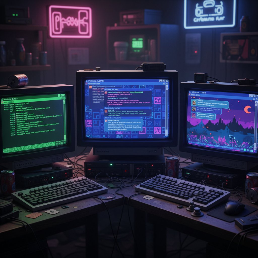 Stare ekrany komputerów z początkiem symulacji randek, ilustracja ewolucji relacji cyfrowych