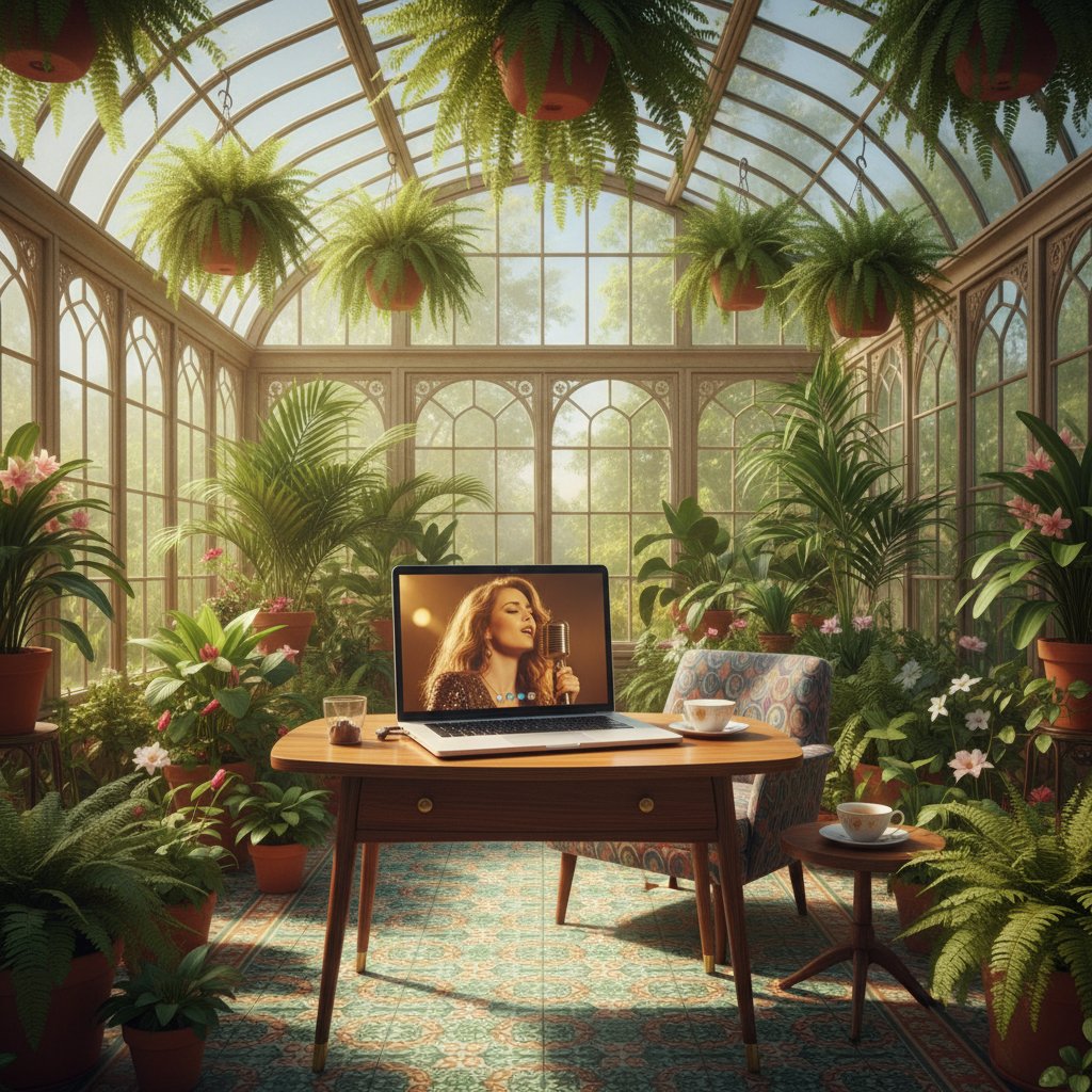 Ewolucja nauki śpiewu – od sali prób do ekranu komputera, wokalistka przed laptopem na tle retro sali muzycznej