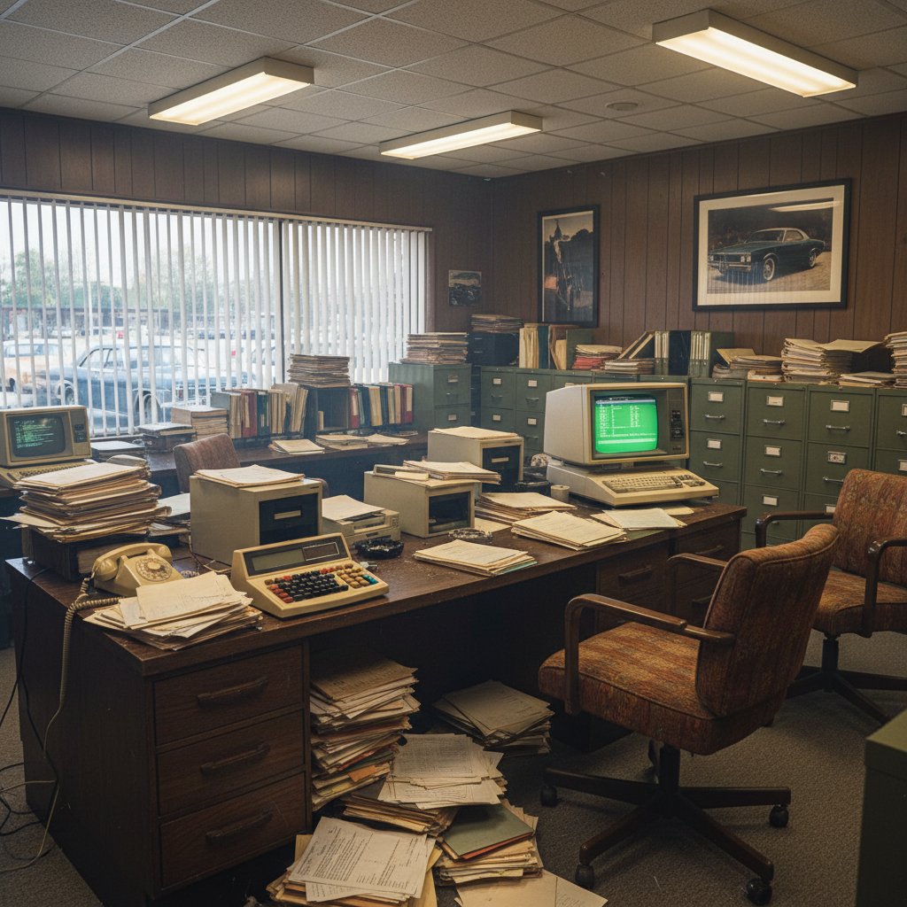 Vintage car dealership office showing the evolution of credit checks