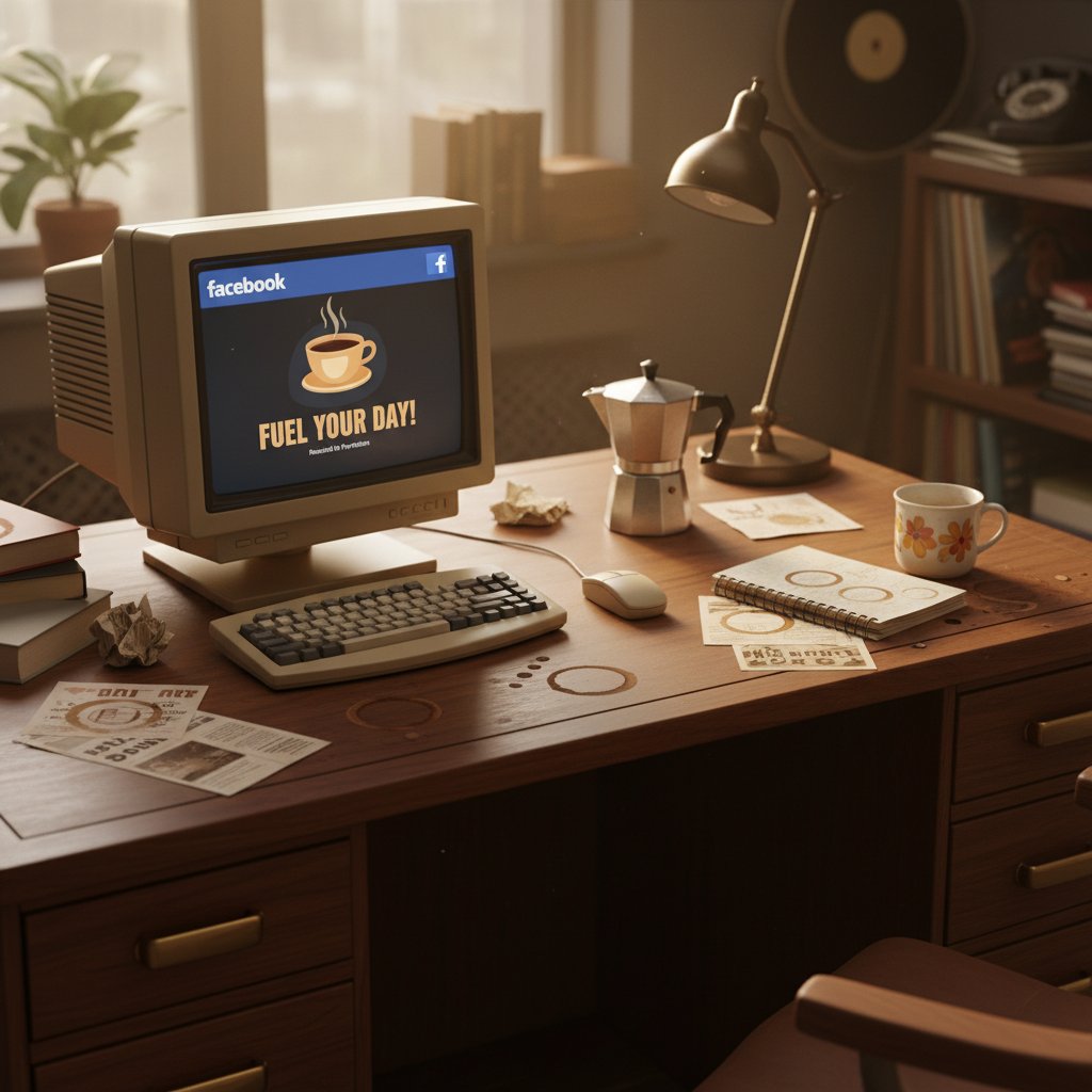 Biurko z wydrukami raportów reklamowych Facebooka z 2015 roku