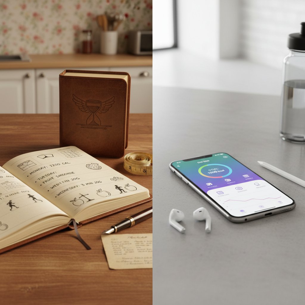 Ozdobna grafika z zeszytami i nowoczesnym smartfonem, symbolizująca ewolucję narzędzi dietetycznych