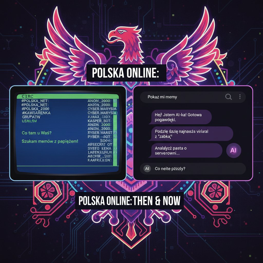 Retro cyfrowa ilustracja: stare IRC przechodzi w nowoczesny czat AI, polska kultura online