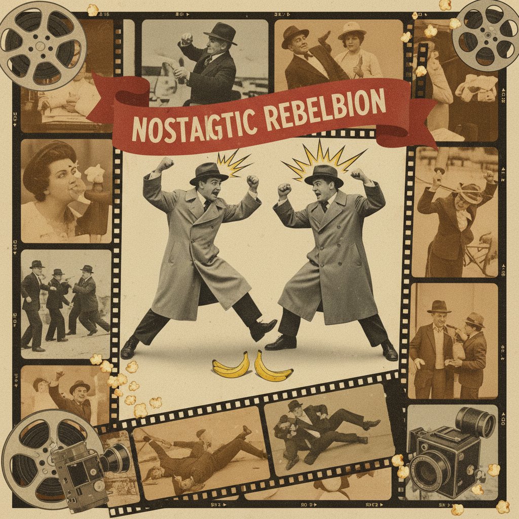 Retro film still collage of actors in comedic fight scenes with nostalgic, rebellious mood