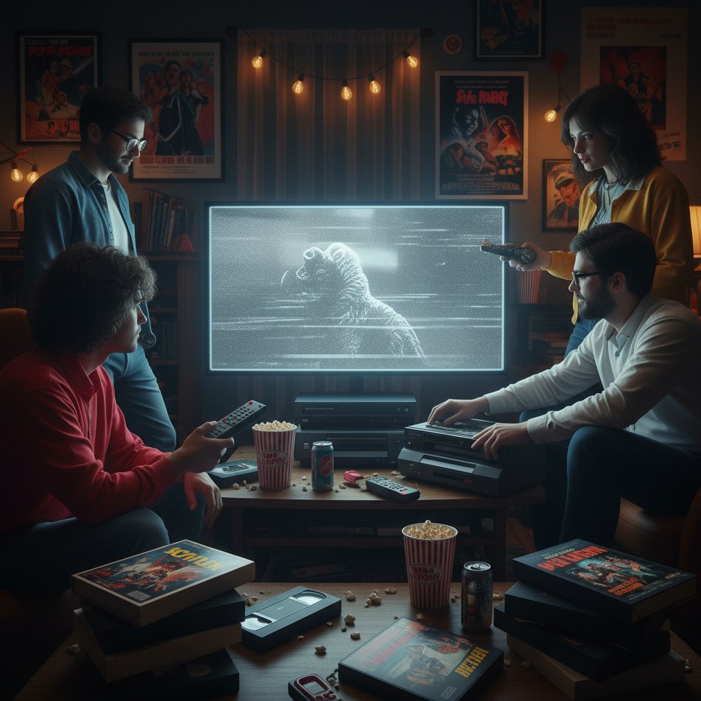 Film lovers navigating movie choices from VHS to streaming with both retro tapes and digital screens