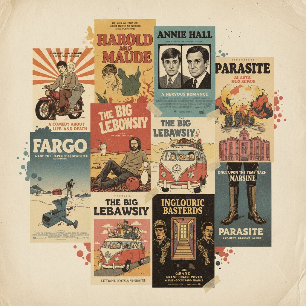 Collage of iconic serious comedy movie posters from 1970s to 2020s, showing genre evolution