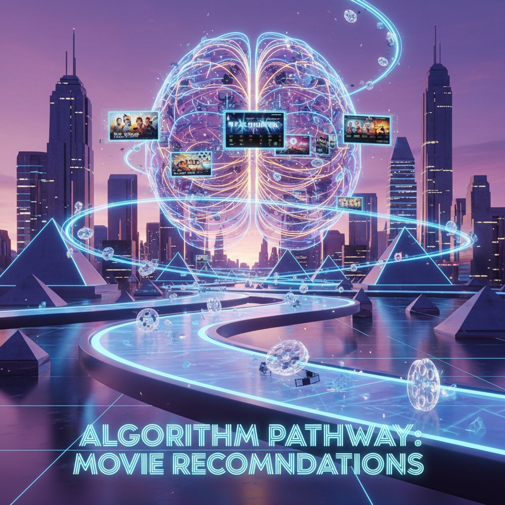 Retro-futuristic pathway illustration showing the evolution of movie recommendation algorithms toward a glowing AI brain, symbolizing personalized movie suggestions app technology