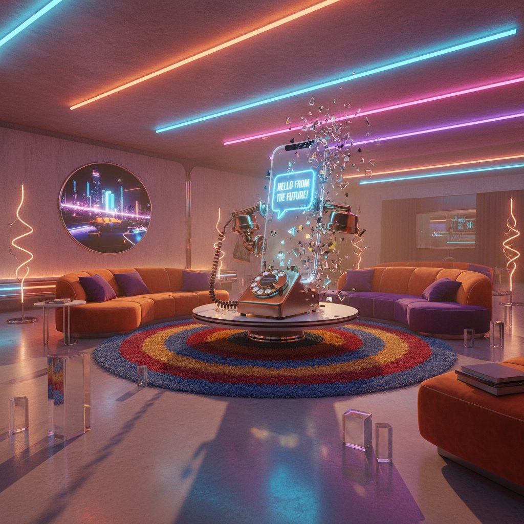 Ewolucja rozmów wieczornych od telefonu do AI – zdjęcie stylizowane na retro-futurystyczny salon, w którym stary telefon przekształca się w smartfona z chatem