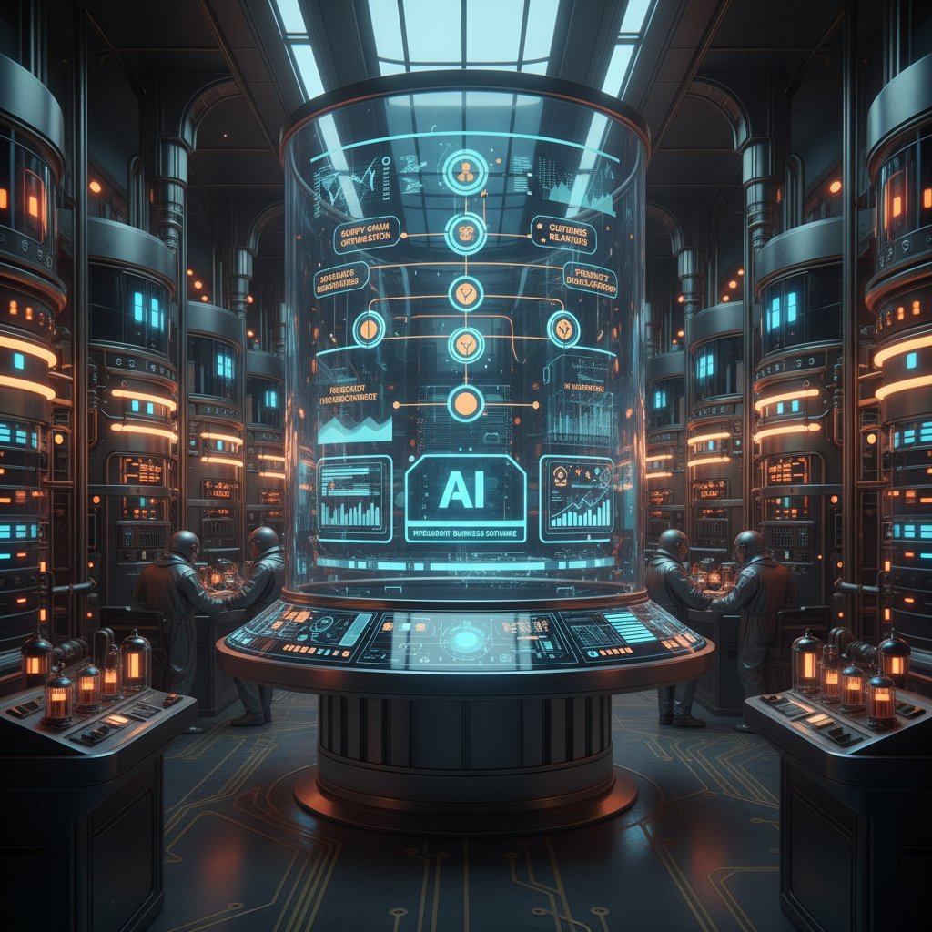 Retro-futuristic mainframe morphing into sleek AI dashboard, symbolizing the evolution from legacy ERPs to modern AI business management platforms with keywords like enterprise workflow AI, intelligent business software
