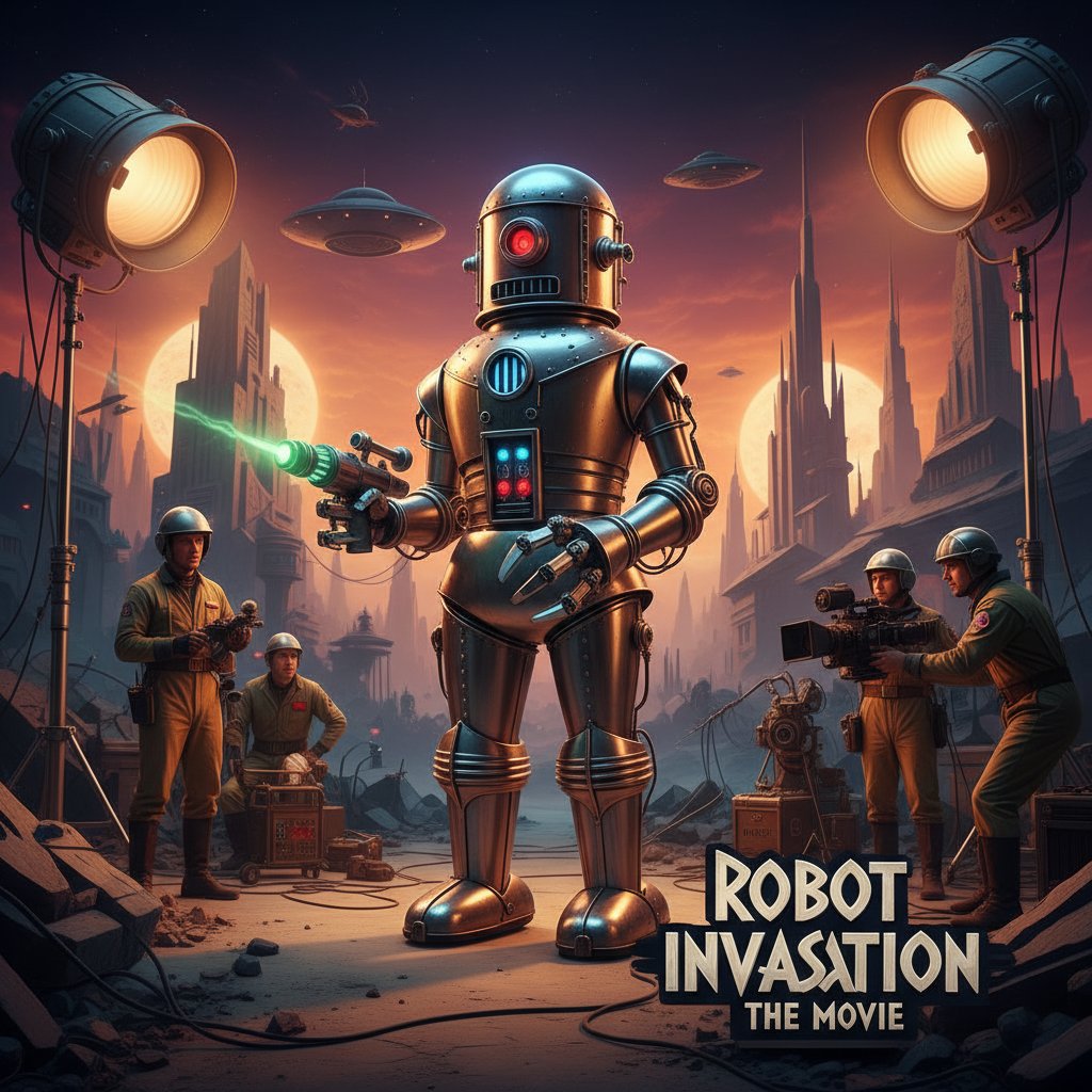Retro-futuristic robot design on old movie set, capturing 20th-century robot movie aesthetics